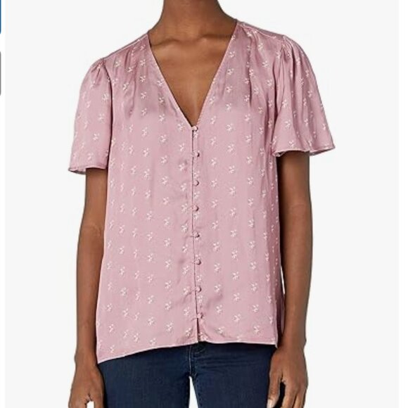 Paige Women’s Kelly Floral Flutter Sleeve Button Up Short Sleeve Top Large - Picture 2 of 6